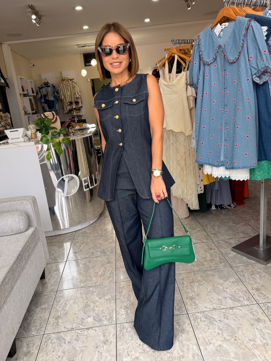 Dark Denim Vest &amp; Pants Set with Gold Button Detail
