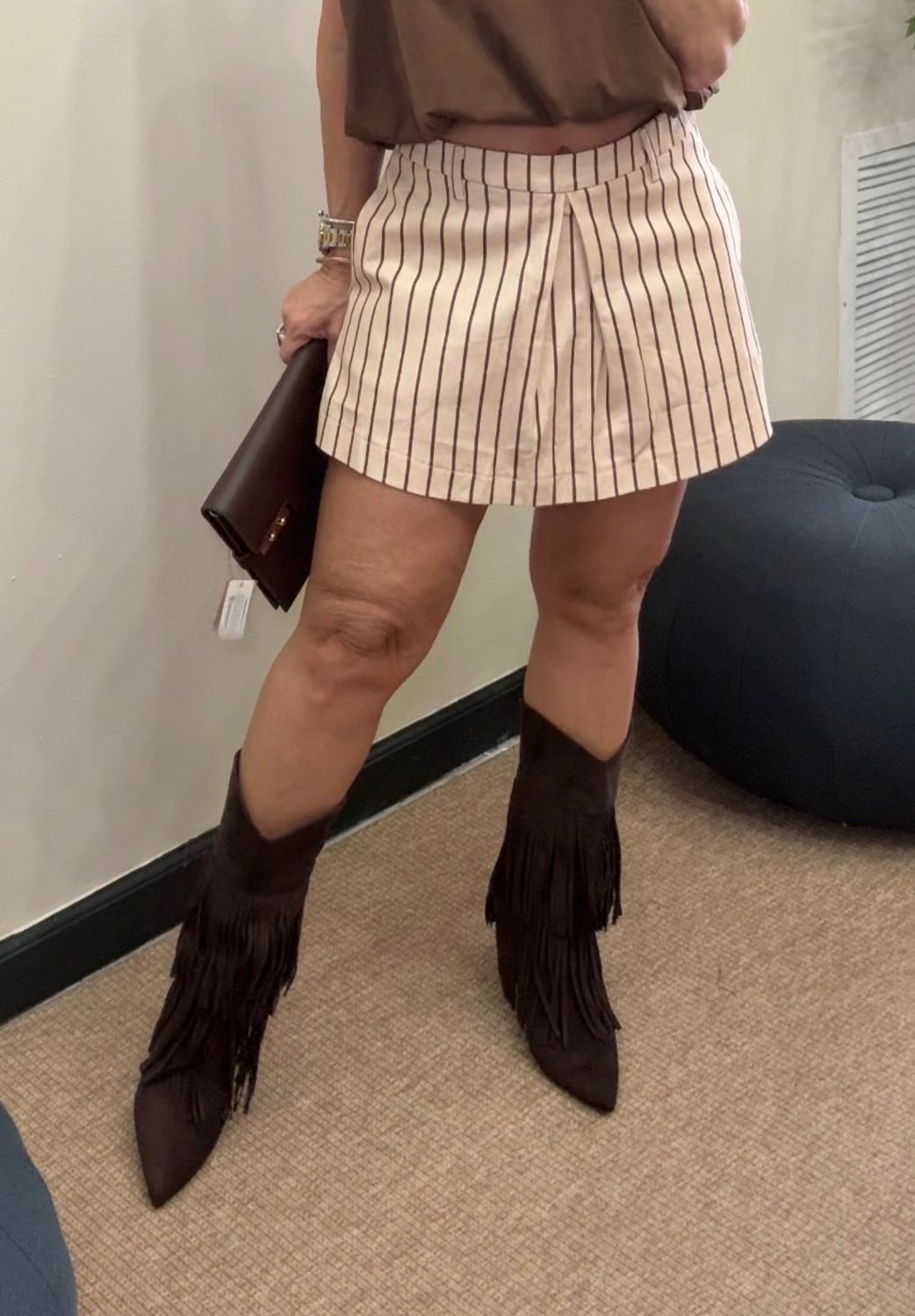 Taupe Or Brown Stripes Detail Skort
