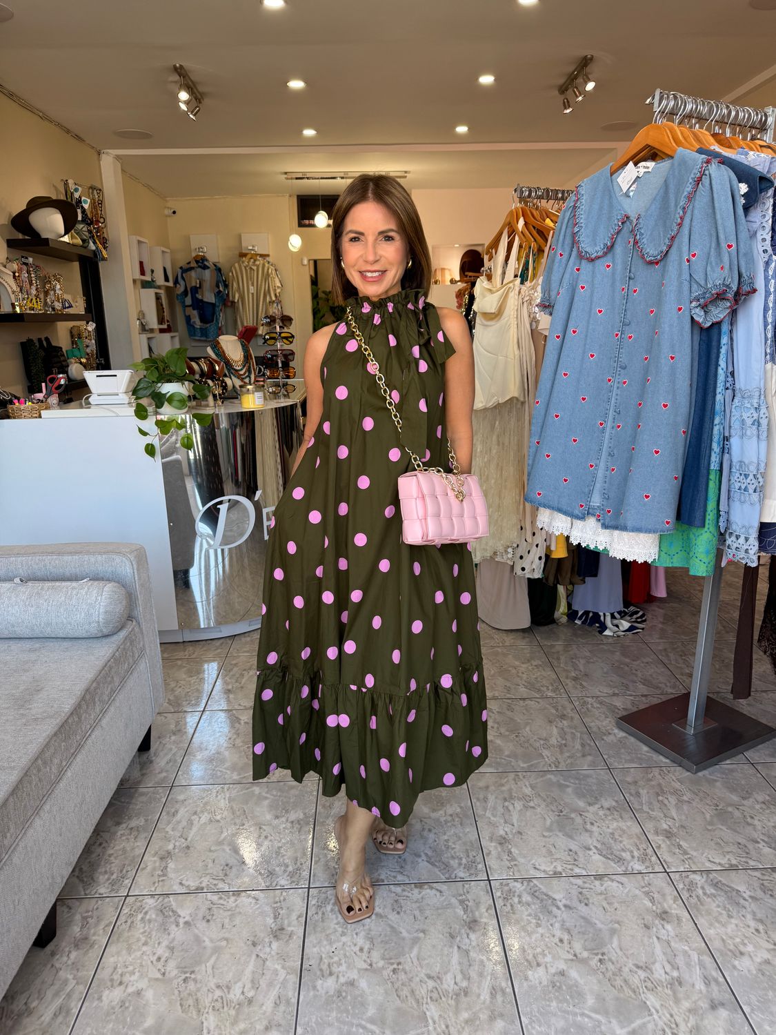 Olive-Pink Polka Dots Detail Midi Dress