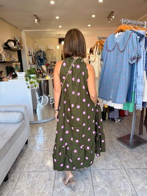 Olive-Pink Polka Dots Detail Midi Dress