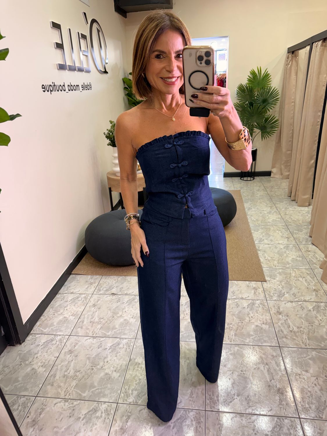 D. Denim Strapless Top And Wide Leg Pants Set