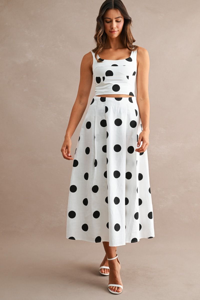 White Polka Dots Detail Midi Skirt Set