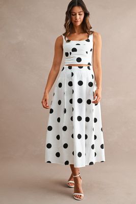 White Polka Dots Detail Midi Skirt Set