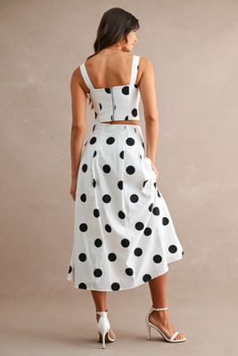 White Polka Dots Detail Midi Skirt Set