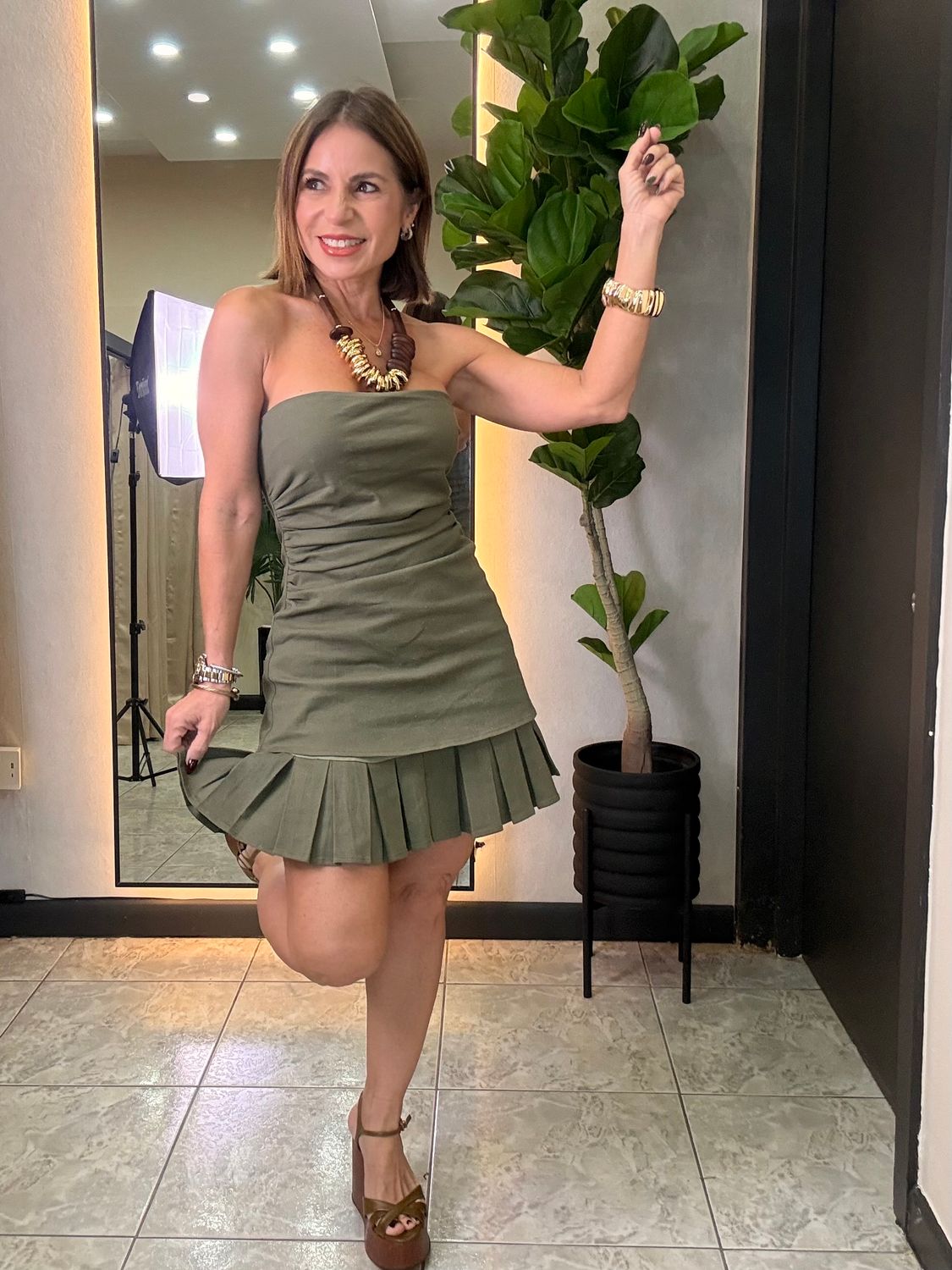 Olive Denim Strapless Dress