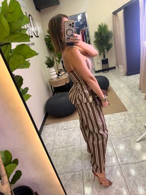 Brown Stretch Pleated Strapless Top And Barrel Pants Set