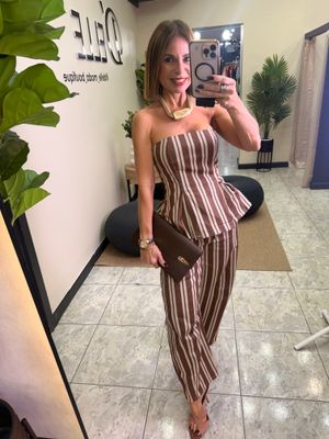 Brown Stretch Pleated Strapless Top And Barrel Pants Set