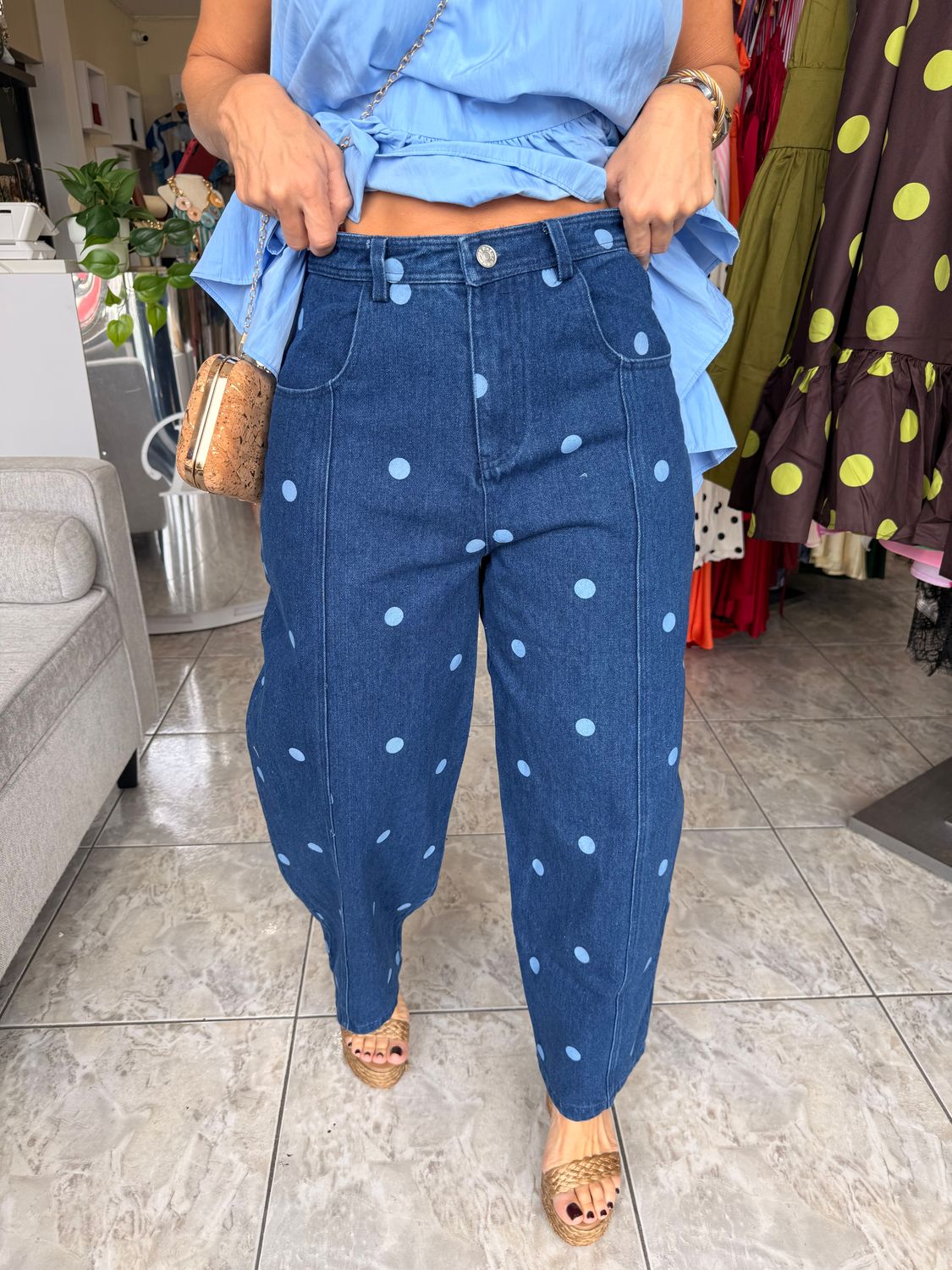 Dark Denim Polka Dots Detail Barrel Jeans