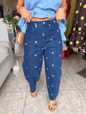 Dark Denim Polka Dots Detail Barrel Jeans