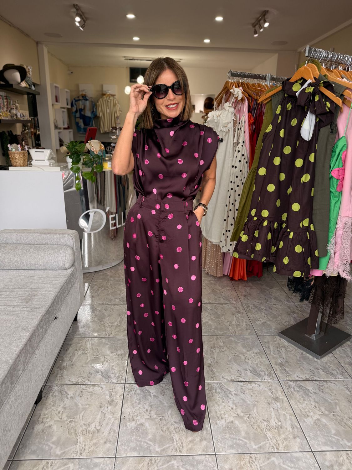 Burgundy-Pink Polka Dots Detail Pant Set