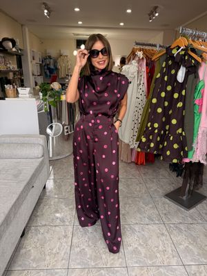 Burgundy-Pink Polka Dots Detail Pant Set