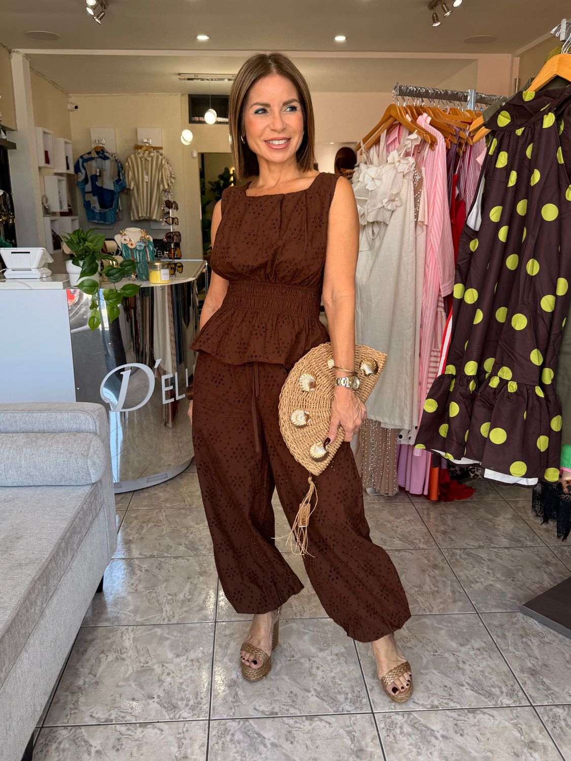 Brown Eyelet Peplum Top And Pants Set