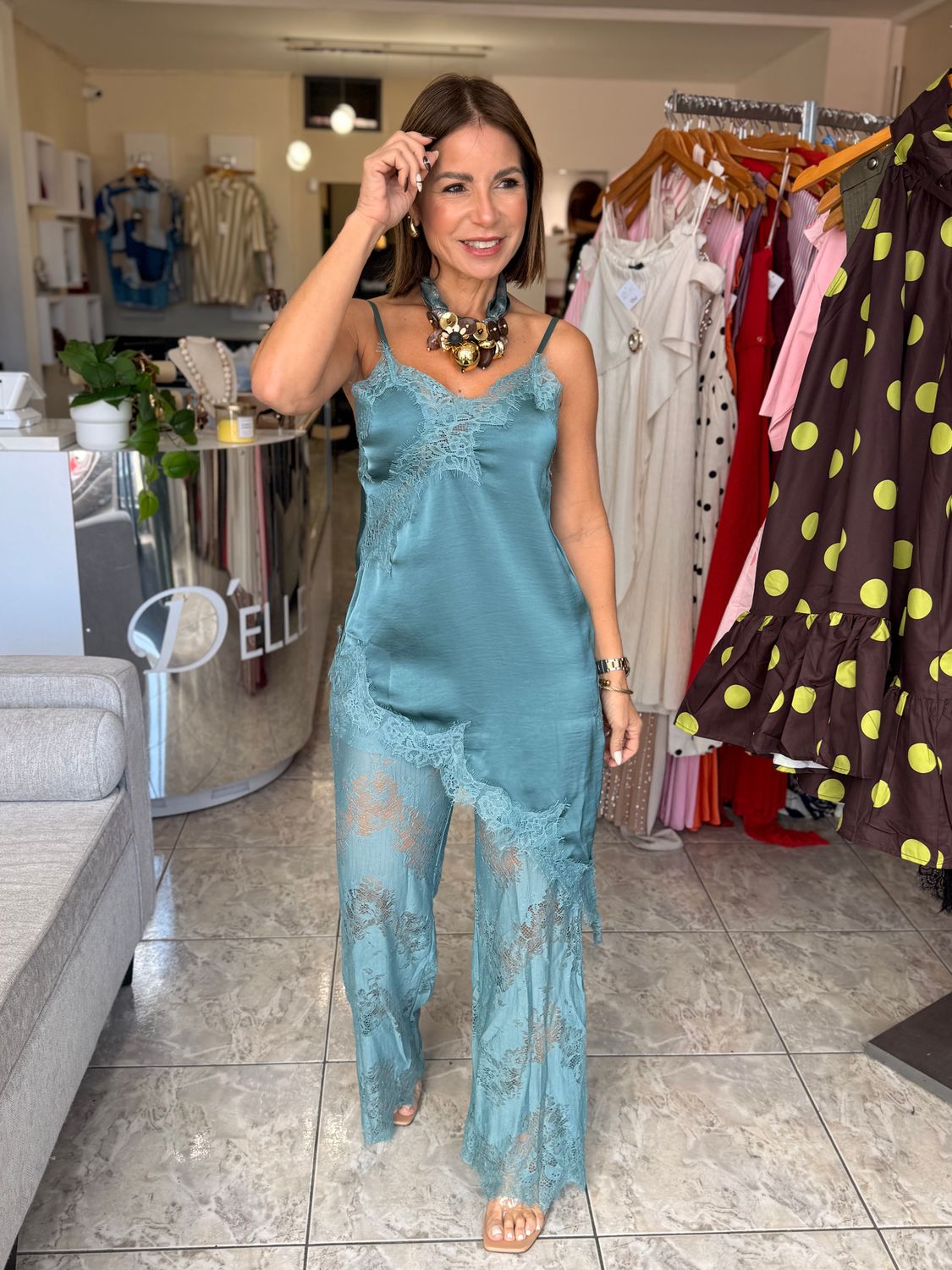 Teal Satin Lace Pant Set