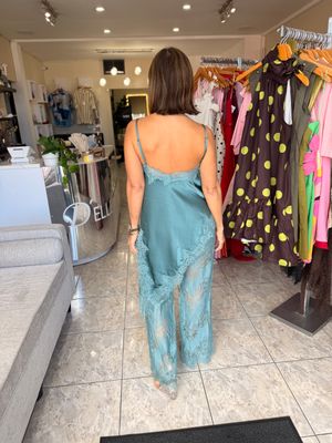 Teal Satin Lace Pant Set