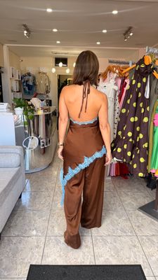 Brown Blue Combo Detail Lace Jumpsuit