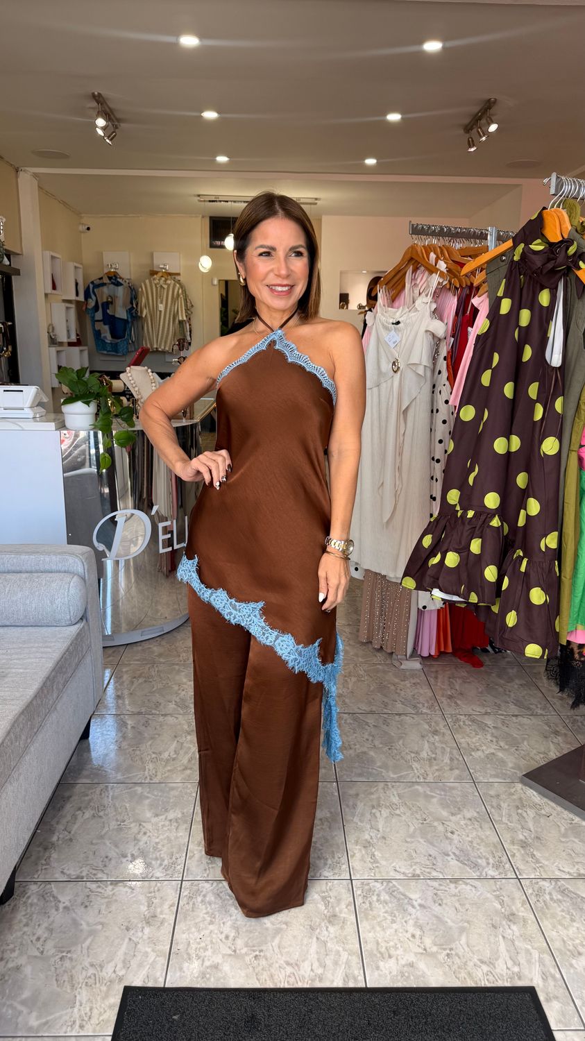 Brown Blue Combo Detail Lace Jumpsuit