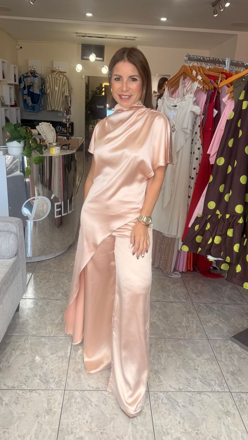 Champagne Satin Drape Neck Tunic Set