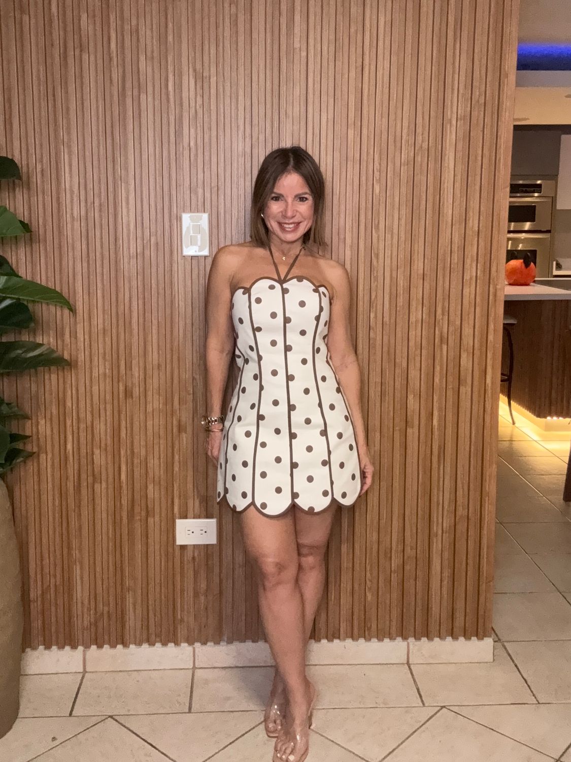 Ivory-Choco Polka Linen Detail Mini Dress