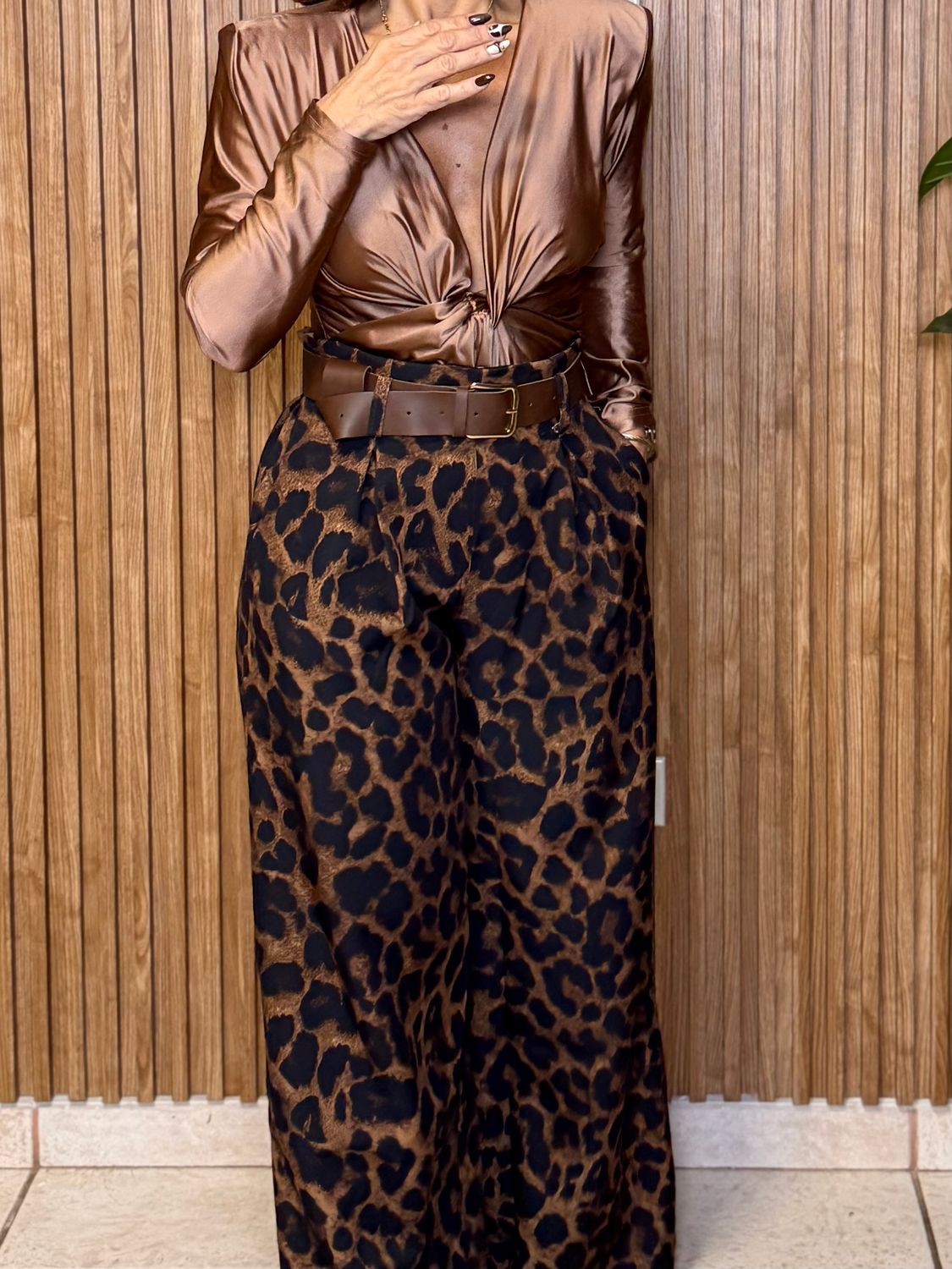 Leopard  Print Belted Wide Leg Pants