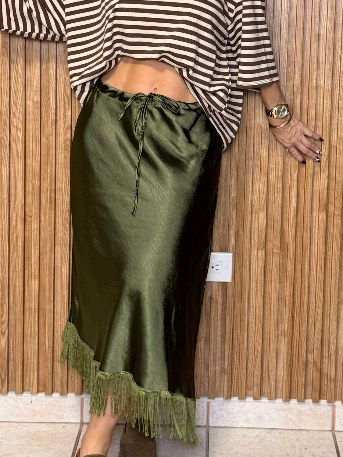 Olive Satin Fringe Skirt