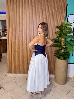 White Denim Detail Contrast Midi Dress