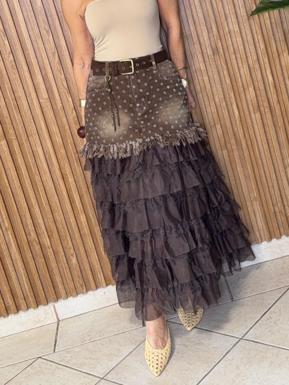Coffee Mesh Detail Skirt