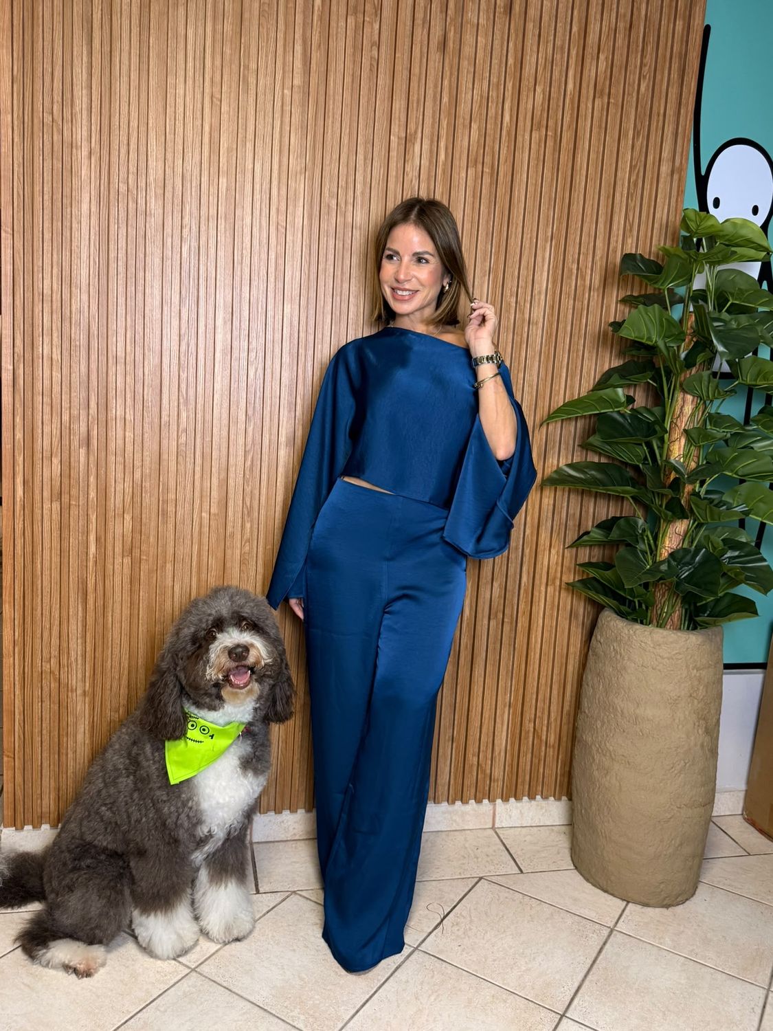Teal Satin Long Sleeve Top And Pant Set