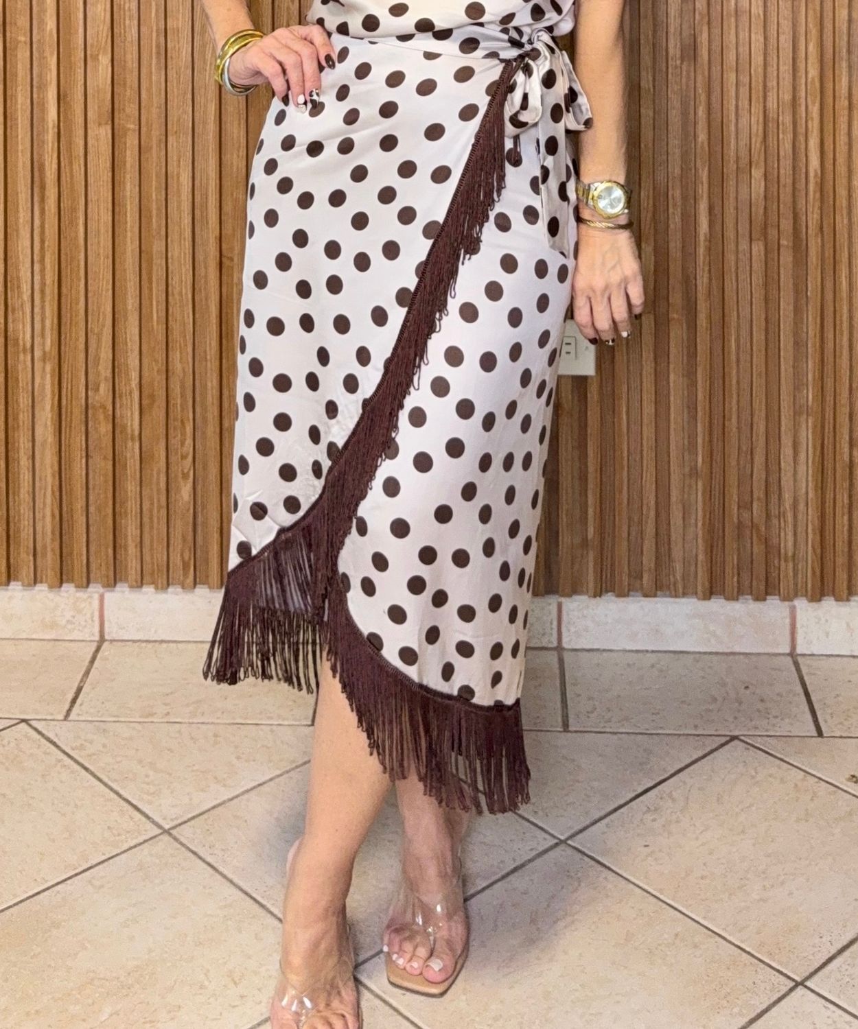 Choco Ivory Satin Detail Fringe Skirt