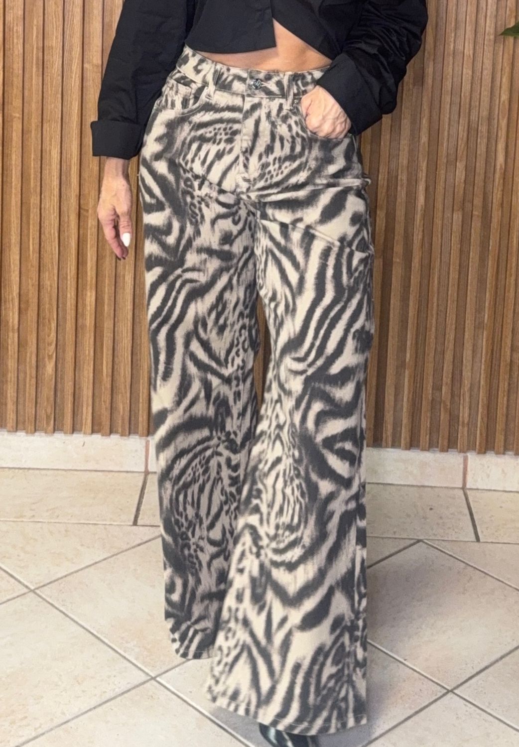 Cream Trendy Animal Print Jeans