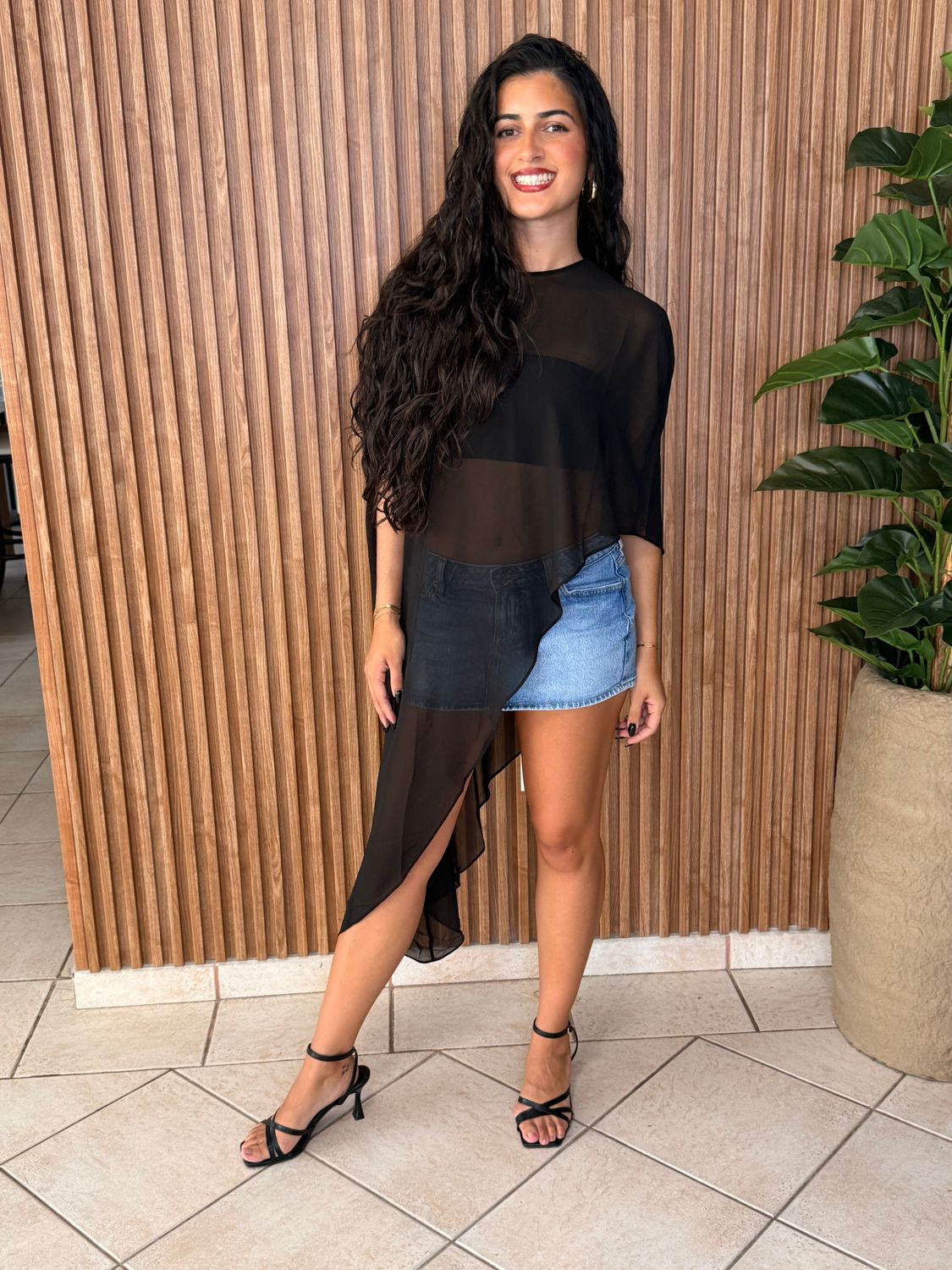 Black Chiffon Asymmetrical Cape Top