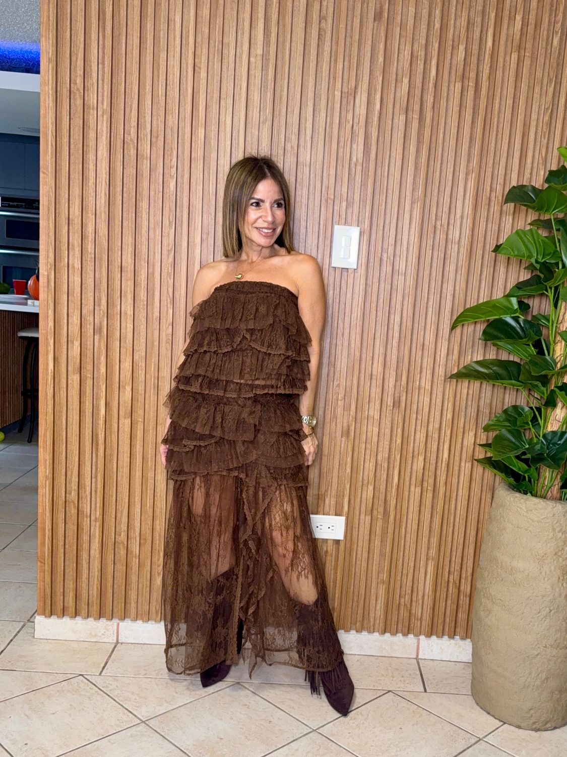 Choco Brown Lace Detail Skirt Set