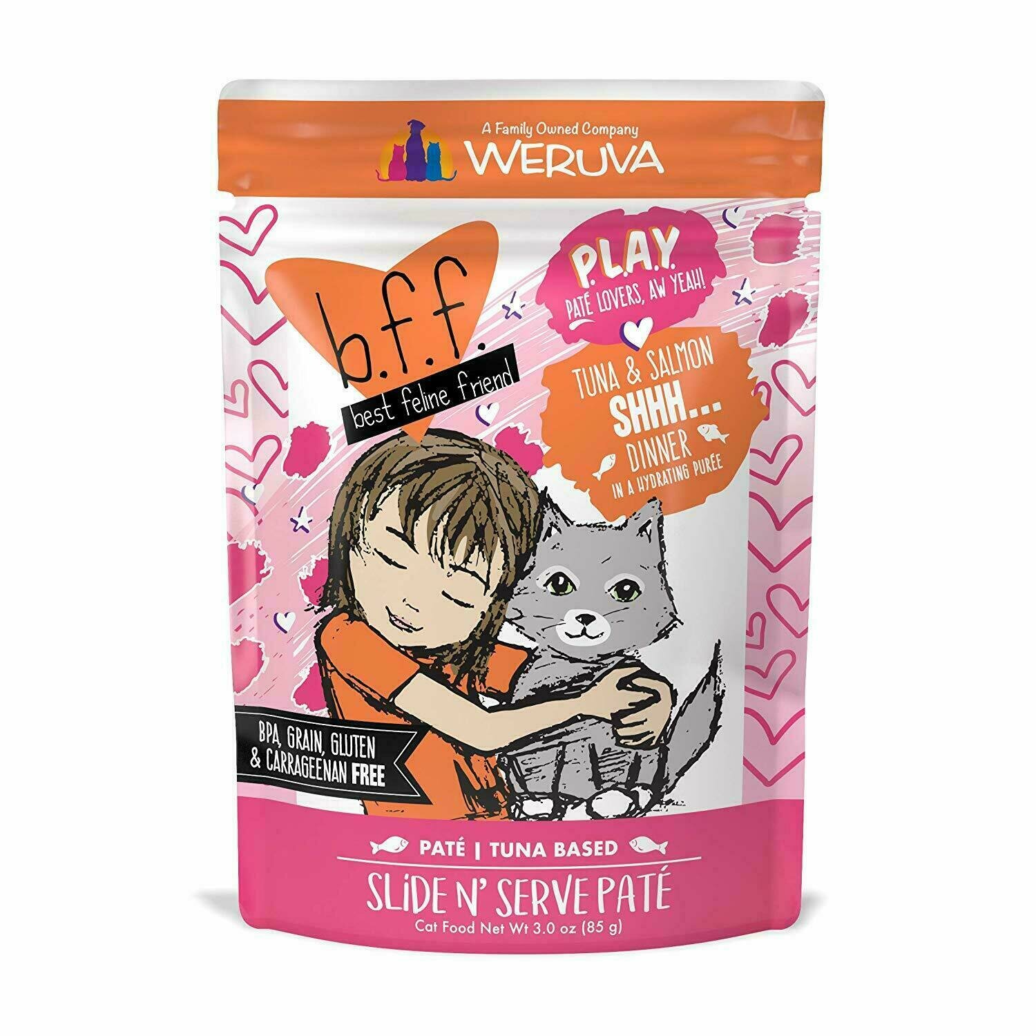 Weruva Best Feline Friend - B.F.F. PLAY Pate Shhh Tuna &amp; Salmon Dinner in Puree Grain-Free Wet Cat Food - 3 oz. Pouch