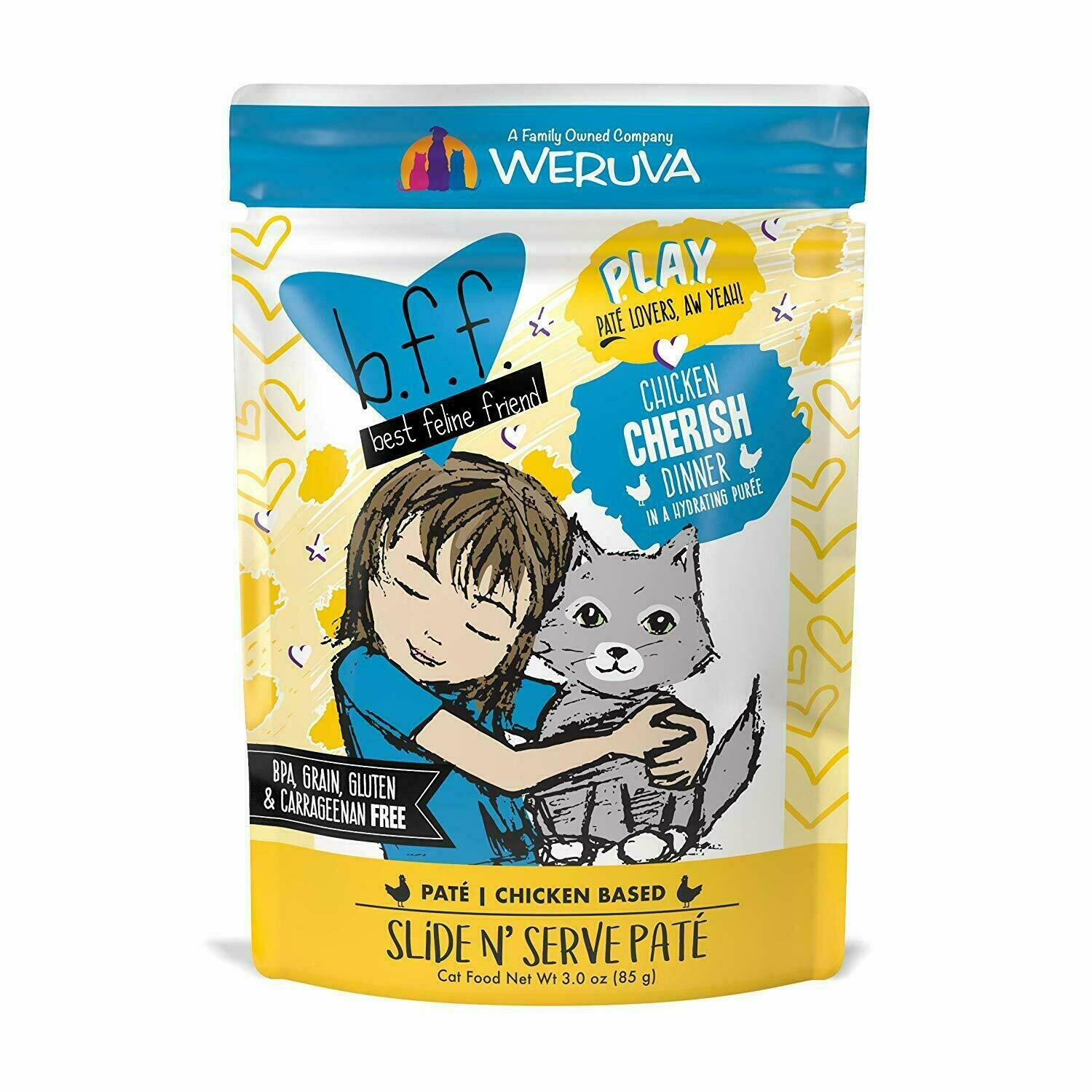 Weruva Best Feline Friend - B.F.F. PLAY Pate Cherish Chicken Dinner in Puree Grain-Free Wet Cat Food - 3 oz. Pouch