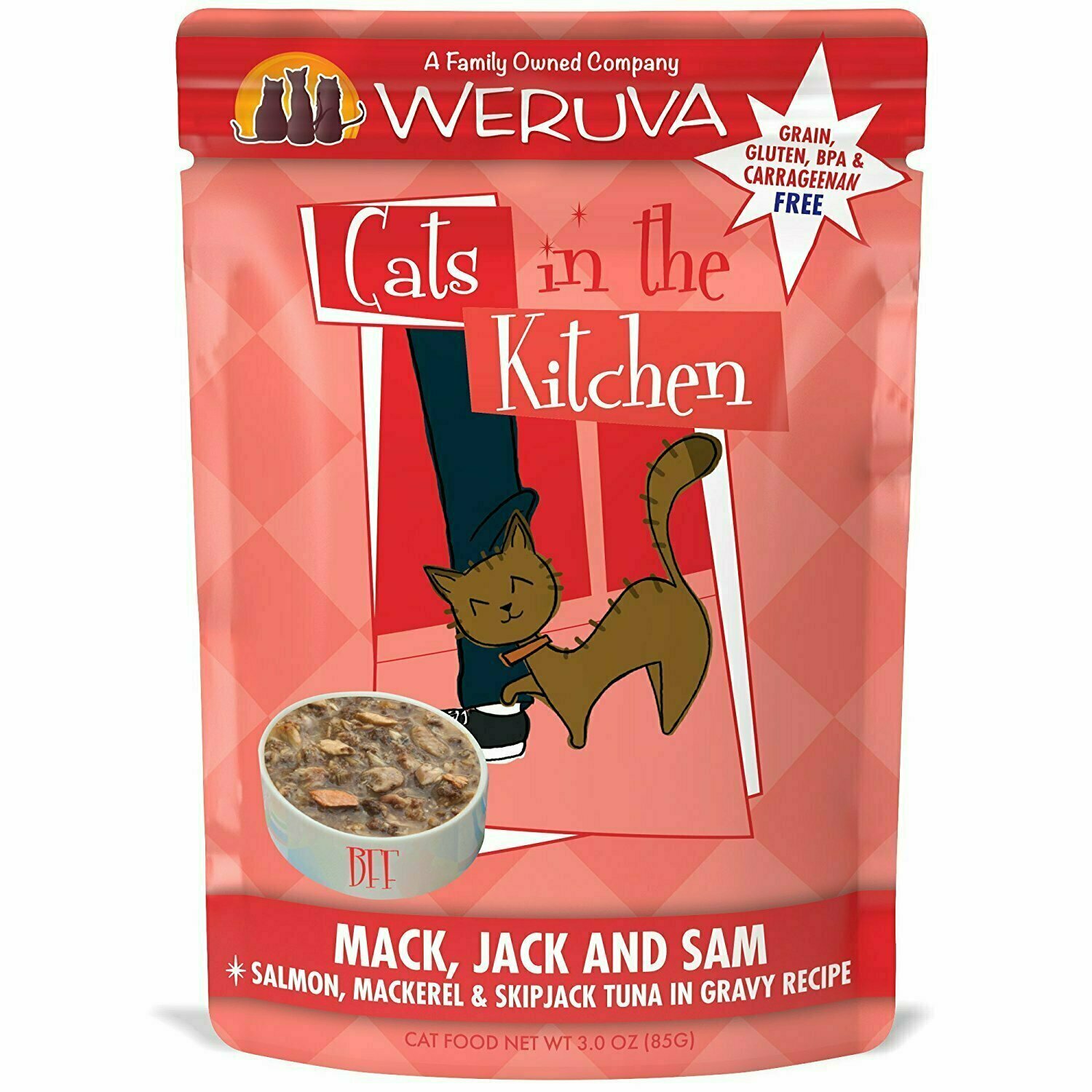 Weruva Cats in the Kitchen Mack, Jack &amp; Sam Salmon, Mackerel &amp; Skip Jack Tuna in Gravy Recipe Grain-Free Wet Cat Food - 3 oz. Pouch