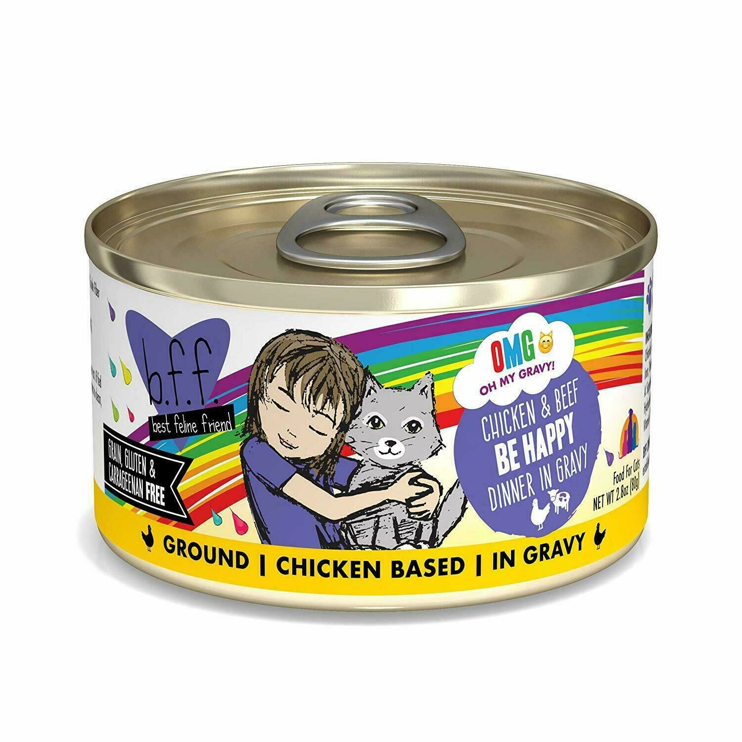 Weruva Best Feline Friend - B.F.F. Oh My Gravy! Be Happy! Chicken &amp; Beef Dinner in Gravy Grain-Free Wet Cat Food - 2.8 oz.