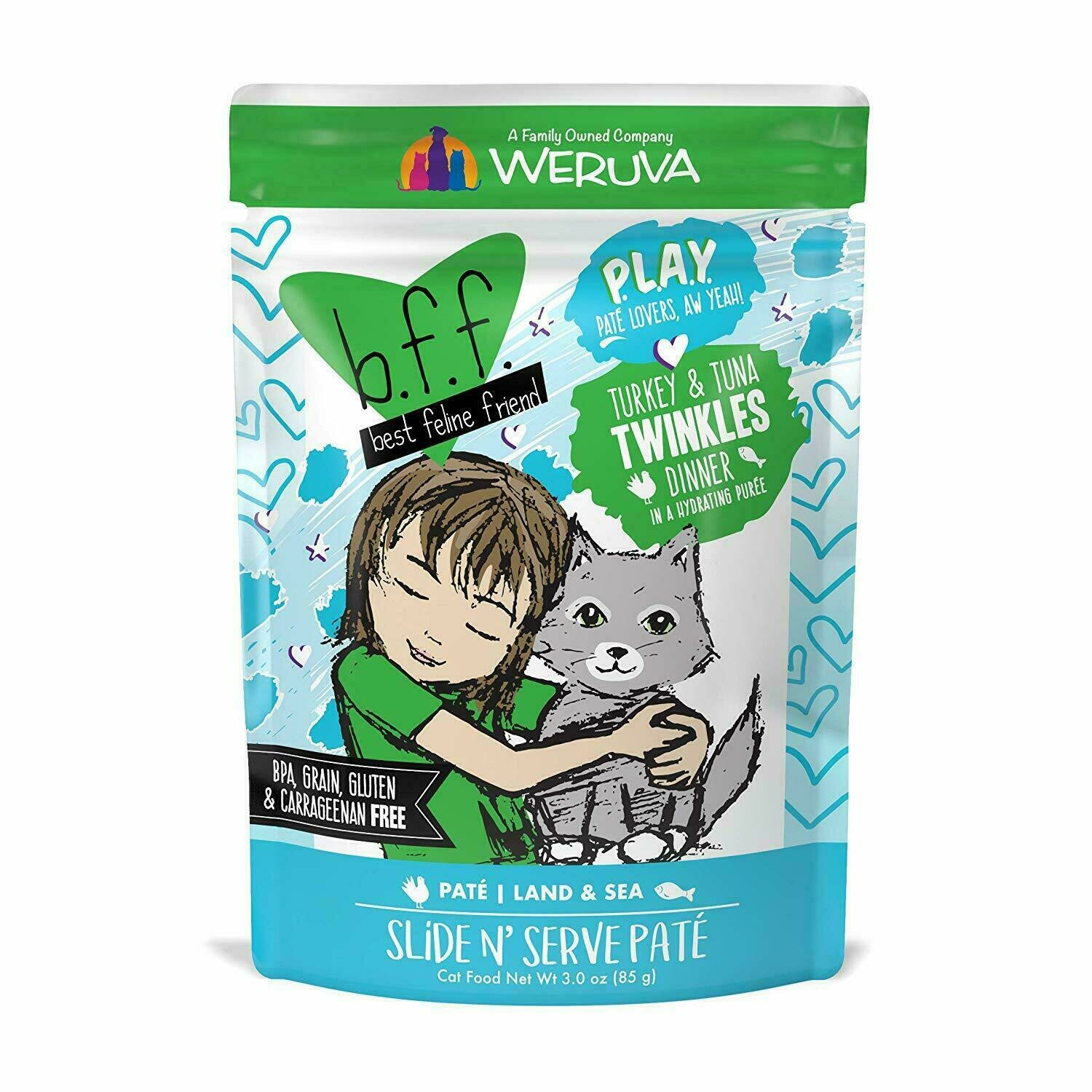 Weruva Best Feline Friend - B.F.F. PLAY Pate Twinkles Turkey &amp; Tuna Dinner in Puree Grain-Free Wet Cat Food - 3 oz. Pouch
