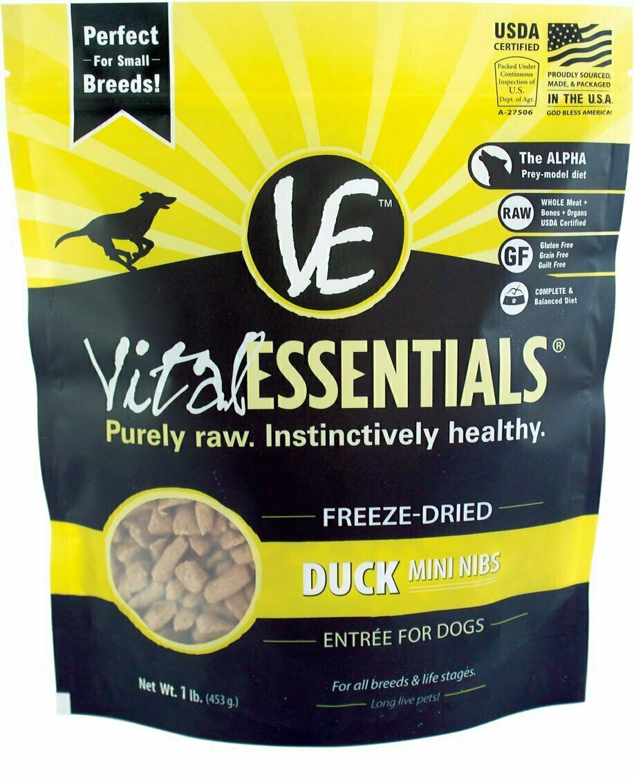 Vital Essentials Duck Entree Mini Nibs Grain-Free Freeze-Dried Dog Food - 1 Pound Bag