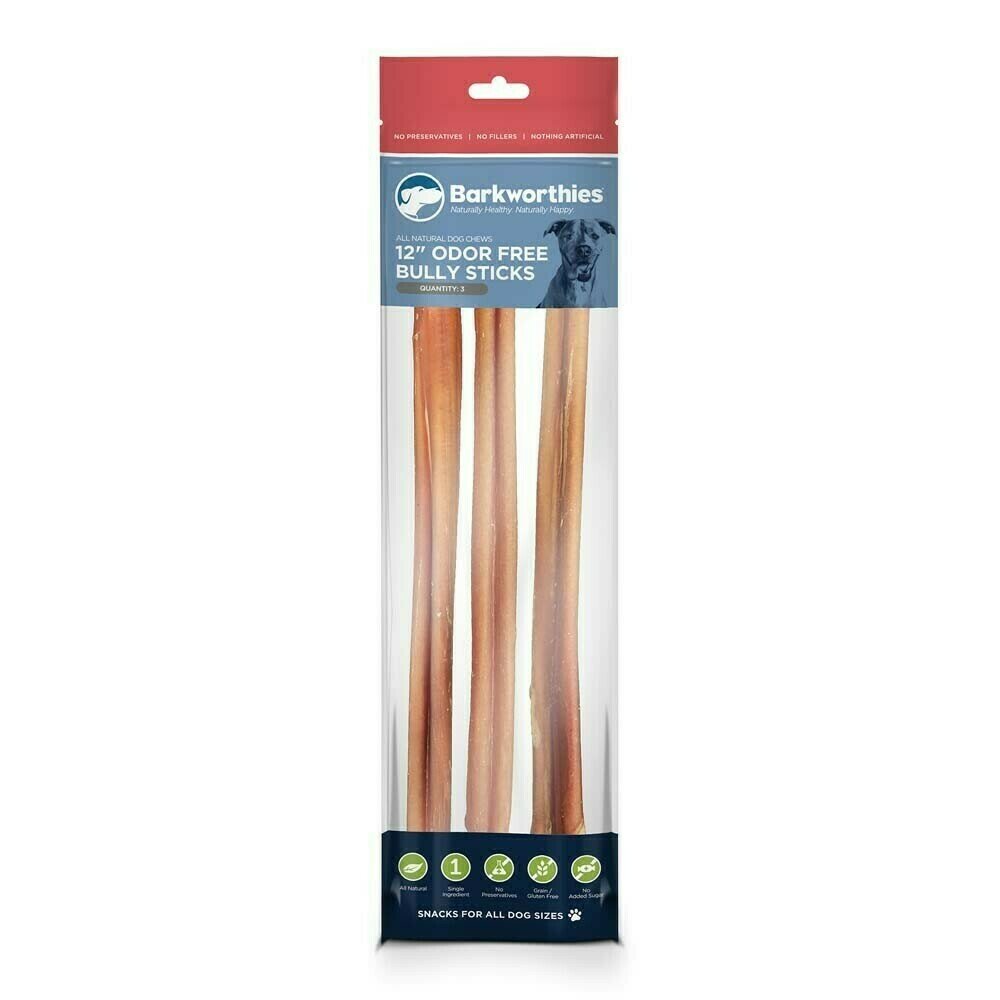 Barkworthies Odor-Free Select Bully Sticks Dog Treats - 12&quot; - Pack of 3