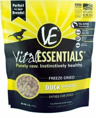 Vital Essentials Duck Entree Mini Nibs Grain-Free Freeze-Dried Dog Food - 1 Pound Bag