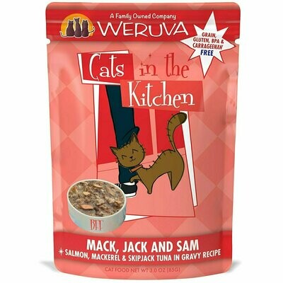 Weruva Cats in the Kitchen Mack, Jack &amp; Sam Salmon, Mackerel &amp; Skip Jack Tuna in Gravy Recipe Grain-Free Wet Cat Food - 3 oz. Pouch