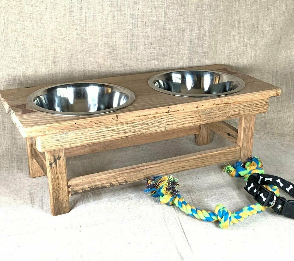Antique Barnwood Pet Bowl Stand With Bloodwood Bow Ties