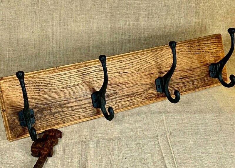 Authentic 100 Year Old Red Oak Barnwood & Wrought Iron Hook Storage Rack
