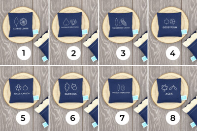 Handwärmer / Kältekissen mit botanischem Motiv dunkelblau "Zitrone / Physalis / Kakao / Baumwolle / Feige / Eiche / Avocado / Ahorn"