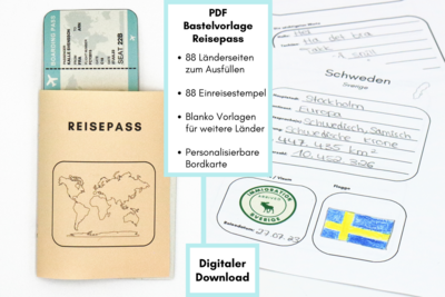 PDF Download Bastelvorlage Reisepass inkl. 88 Ländervorlagen, 88 Einreisestempel, personalisierbarer Bordkarte + Bastelanleitung