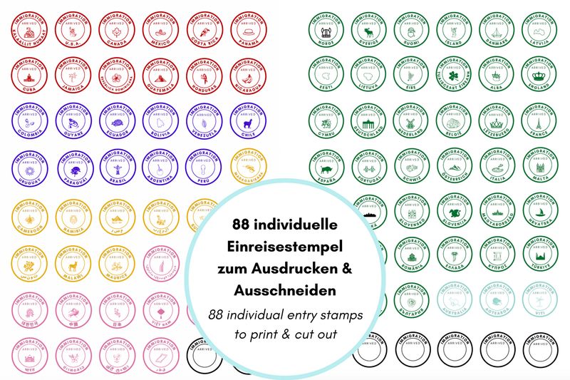 88 individuelle Einreisestempel PDF Vorlage zum Drucken und Ausschneiden