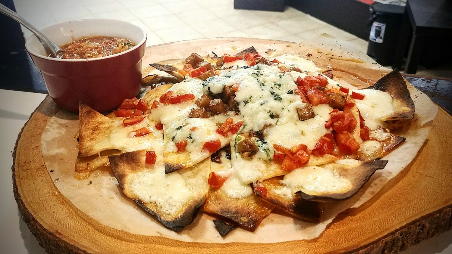 NACHOS with Parsley Sauce, Pebre Salsa, Veggies, Cheese &amp; Protein by Choice. Meat &amp; Vegetarian