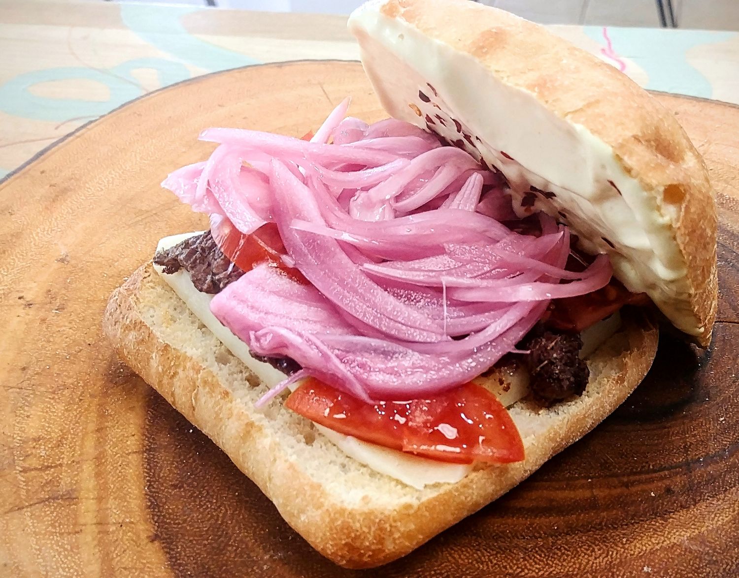 Maka&#39;s Steak Sandwich - Steak Pickled Onions Tomato Cheeese &amp; Mayo