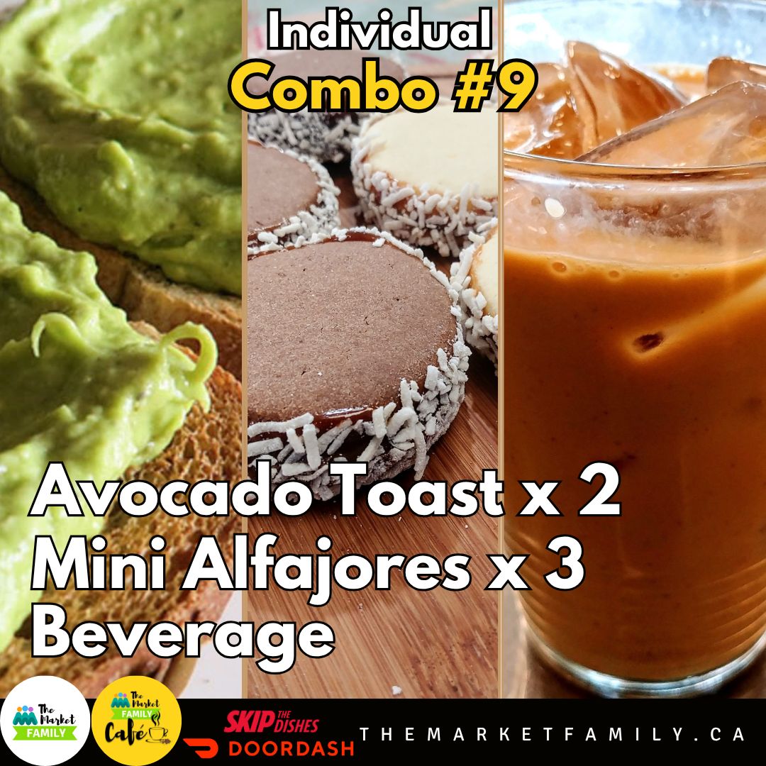 COMBO INDIVIDUAL 9: Avocado Toasts + Alfajores + Beverage