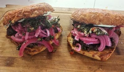 Carlitos&#39;s Steak Sandwich - Steak Pickled Onions, Chimichurri Salsa &amp; Mayo