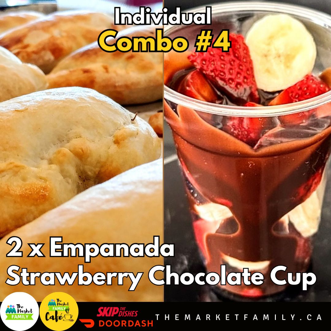 COMBO INDIVIDUAL 4: Two Empanadas by Choice + Strawberry Chocolate Cup or Milk Shake COMBO INDIVIDUAL 4: Two Empanadas by Choice + Strawberry Chocolate Cup or Milk Shake